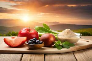 foods on wooden table with sunset in background. AI-Generated photo