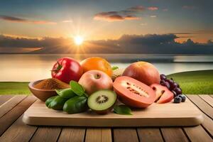 fresh fruits and vegetables on a wooden table with the sun setting in the background. AI-Generated photo