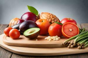 fresh fruits and vegetables on a cutting board. AI-Generated photo