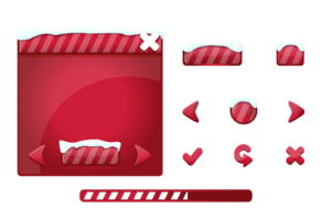 Cartoon set game ui buttons for Christmas in red. Game user interface and loading with snow. png