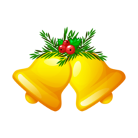 Christmas golden bells with berries isolated. Christmas symbol, school bell, cartoon bell. png