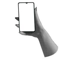 Smartphone in halftone hand. Trend vector collage.