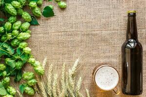 botella y vaso cerveza con fabricación de cerveza ingredientes. salto flor con trigo. parte superior vista. foto