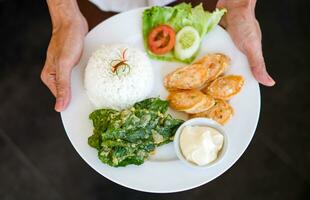 camareros en Indonesia llevar blanco platos conteniendo el comida ese será ser servido. el comida consiste de verduras, carne y mayonesa foto