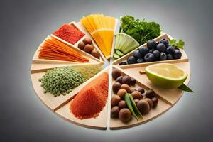 a plate with various fruits and vegetables arranged in a circle. AI-Generated photo