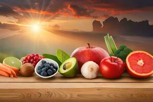 fresh fruits and vegetables on a wooden table with the sun setting in the background. AI-Generated photo