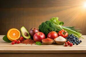 various fruits and vegetables on a wooden table. AI-Generated photo