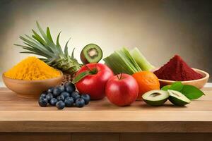 various fruits and vegetables are arranged in bowls. AI-Generated photo