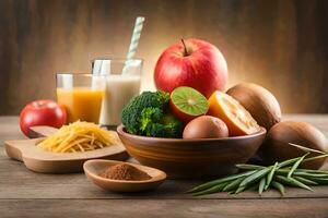 various fruits and vegetables in a bowl on a wooden table. AI-Generated photo