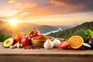 Fresco vegetales y especias en de madera mesa con puesta de sol en antecedentes. generado por ai foto