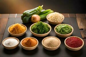 various types of spices and herbs in bowls. AI-Generated photo