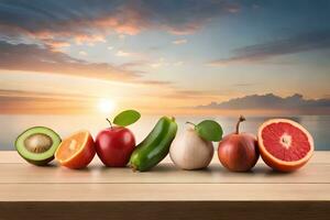 fruit and vegetables on a wooden table with sunset in the background. AI-Generated photo