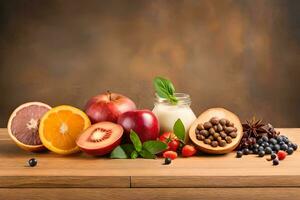 fruit and milk on wooden table with brown background. AI-Generated photo