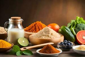 various types of food and spices on a wooden table. AI-Generated photo