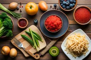 various types of food including pasta, vegetables, fruit and other ingredients. AI-Generated photo