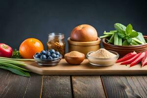 an assortment of fruits and vegetables on a wooden cutting board. AI-Generated photo