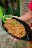 carne de vaca rendang es un minang plato originario desde el minangkabau región en Oeste Sumatra, Indonesia. rendang tiene estado lento cocido y cocido a fuego lento en un Coco Leche sazonado con un hierba y especia mezcla foto
