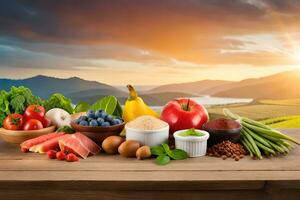 comidas y vegetales en de madera mesa con puesta de sol en antecedentes. generado por ai foto