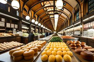 un grande Tienda con un montón de un pan y otro alimento. generado por ai foto