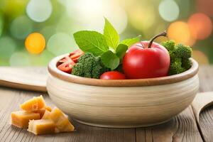 a bowl of vegetables and cheese on a wooden table. AI-Generated photo