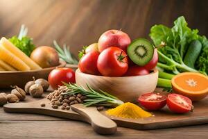 various fruits and vegetables are in a bowl on a table. AI-Generated photo