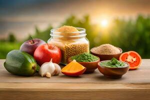 various fruits and vegetables in bowls on a wooden table. AI-Generated photo