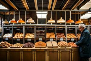 a man looking at a display of bread and pastries. AI-Generated photo