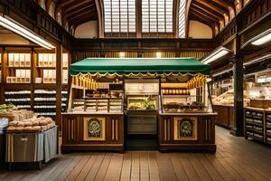a bakery with a green awning and wooden floors. AI-Generated photo