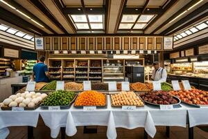 a large display of food in a market. AI-Generated photo