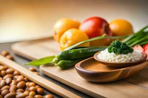 un de madera corte tablero con arroz, vegetales y frijoles. generado por ai foto