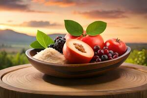 a bowl of fruit on a wooden table with a sunset in the background. AI-Generated photo