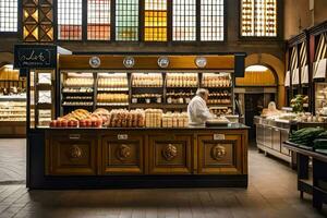 a bakery with a counter and a man behind it. AI-Generated photo