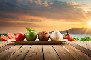 fresh fruits and vegetables on wooden table with sunset in background. AI-Generated photo