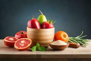 fresh fruits and vegetables in a wooden bowl on a table. AI-Generated photo
