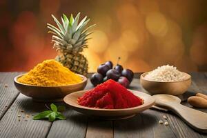 various spices and fruits on wooden table. AI-Generated photo