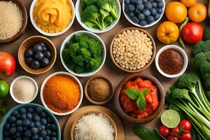 various types of vegetables and fruits in bowls. AI-Generated photo