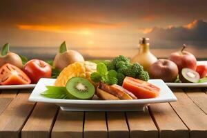 fresh fruits and vegetables on a wooden table. AI-Generated photo