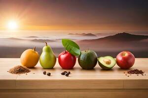 fruit and vegetables on a table with a sunset in the background. AI-Generated photo