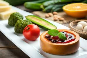 un plato con verduras, queso y otro alimentos generado por ai foto