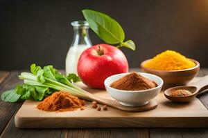 ingredients for a healthy diet on a wooden cutting board. AI-Generated photo