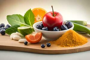 a bowl of fruits and vegetables with spices and spices. AI-Generated photo