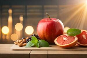 an apple, grapefruit and other fruits are on a table. AI-Generated photo