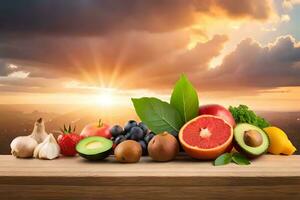 fresh fruits and vegetables on a wooden table with the sun setting. AI-Generated photo