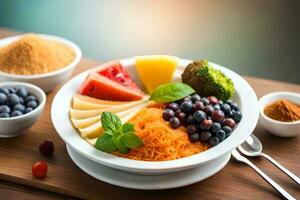 a bowl of fruit and vegetables with spices and spices. AI-Generated photo