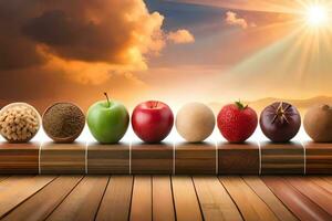 a row of different fruits and vegetables on a wooden table. AI-Generated photo