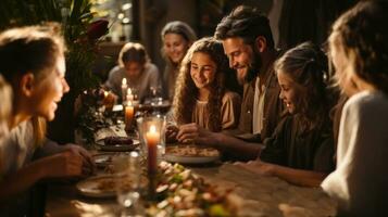 Happy large family having dinner together at home in the evening. photo