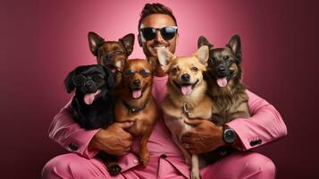 Portrait of a happy young man with his dogs on a pink background. photo