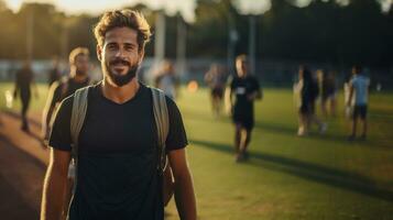 retrato de un hermoso joven hombre en ropa de deporte mirando a cámara mientras en pie en un fútbol campo. foto