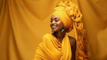 retrato de un hermosa maravilloso africano mujer vistiendo un amarillo turbante. foto