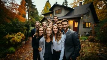 Group of friends standing in front of rent house for party in the autumn forest. photo